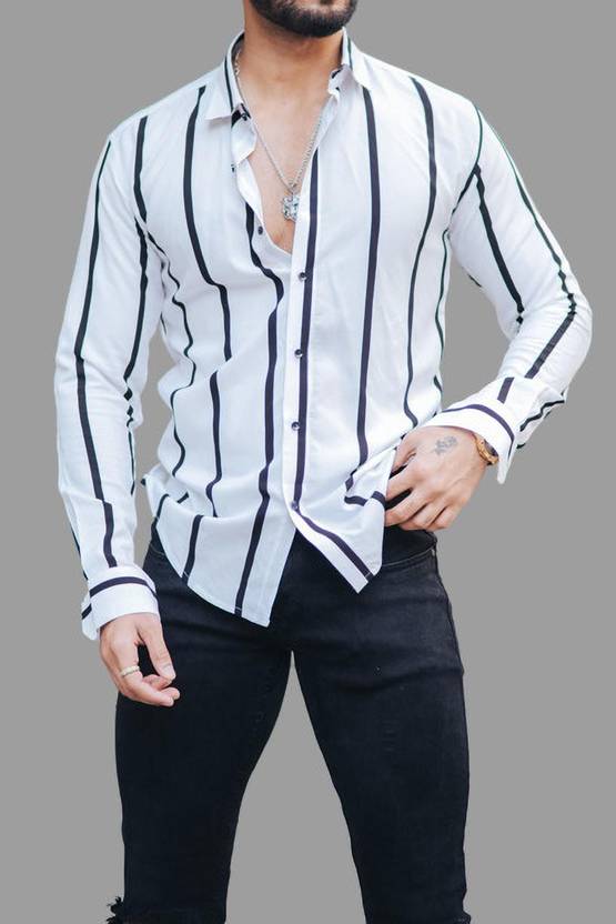 Men Slim Fit Striped Mandarin Collar Formal Shirt