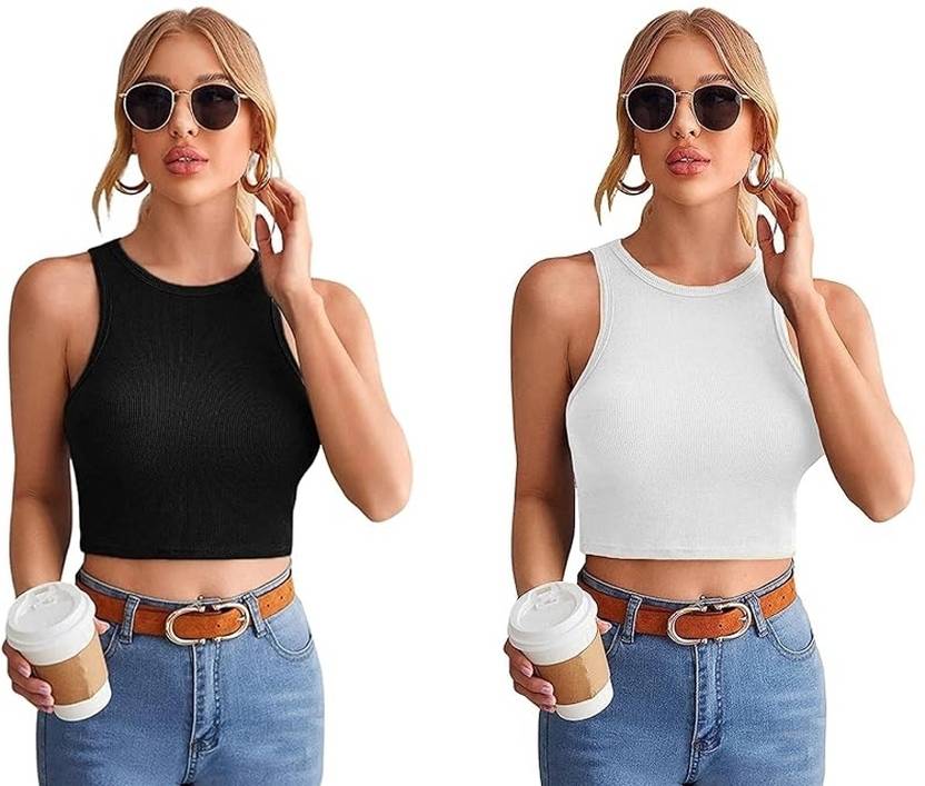 Pack of 2 Casual Sleeveless Solid Women White, Black Top